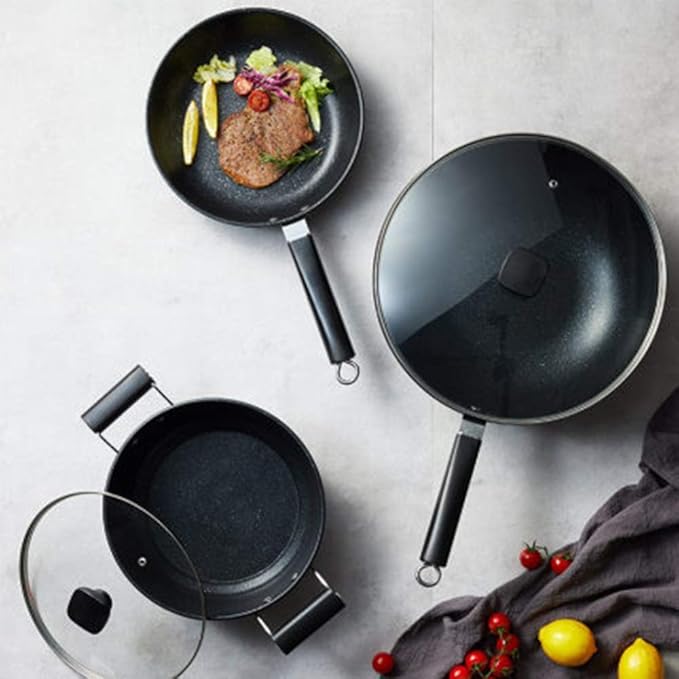 3-Piece SetSaucepans SetsNon-Stick Pan with Tempered Glass Lid Comfortable HandleSuitable for Gas and Induction CookerEasy to Clean Wok Non Stick
