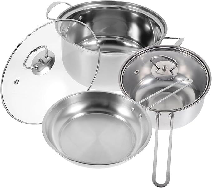 3-Piece Stainless Steel Cookware Set Soup Pot Frying Pan Milk Pot Multi-functional Kitchen Cookware Lid Suitable for Induction Cookers Household Cooking Essentials