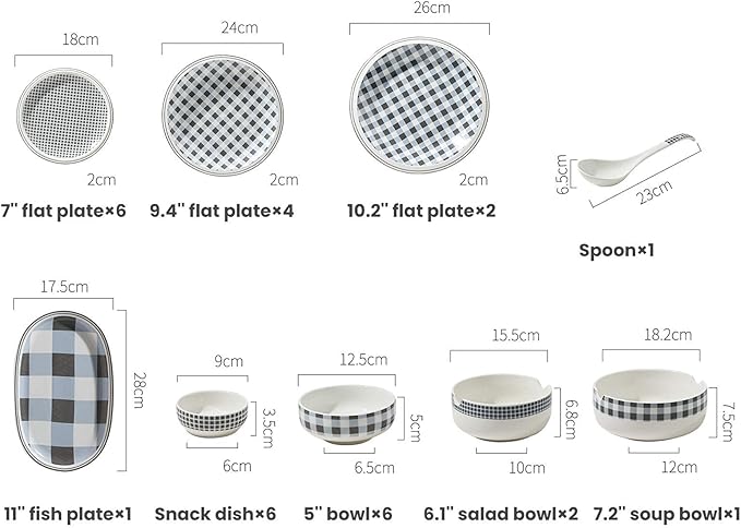 Ceramics Dinner Sets 29 Pieces Plaid Low Bone China Dinnerware Set | Porcelain Cereal Bowl and Steak Plate for Housewarming Gift and Restaurant