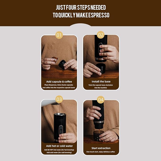 Portable Coffee Machine Mini Travel Coffee Maker 3 in 1 Coffee Maker Compatible with Capsules and Ground Coffee for RV Camping Office