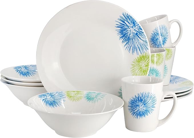 12-Piece Ceramic Dinnerware Set for 4 – White Round Plates Bowls &amp Mugs with Green Loops – Microwave &amp Dishwasher Safe Tableware Set (Colored)