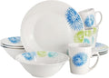 12-Piece Ceramic Dinnerware Set for 4 – White Round Plates Bowls &amp Mugs with Green Loops – Microwave &amp Dishwasher Safe Tableware Set (Colored)