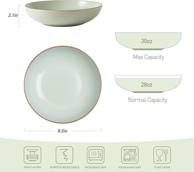 Famiware Jupiter Plates and Bowls Set for 4 16 Pieces Dinnerware Sets 8.5 Pasta Bowls for Serving Light Green