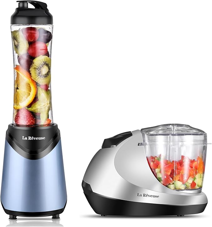 La Reveuse 300W Personal Size Blender (Light Blue) + La Reveuse 1.3-Cup Mini Food Chopper (Silver)
