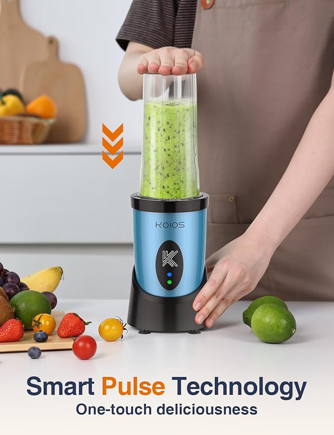 KOIOS Blender for Smoothies Peak 900W Personal Blender for Kitchen Shakes and Smoothies with 2×22oz Portable Cups and To-Go Lids Detachable 4-Leaf Stainless Steel Blade Nutrition Recipe Blue