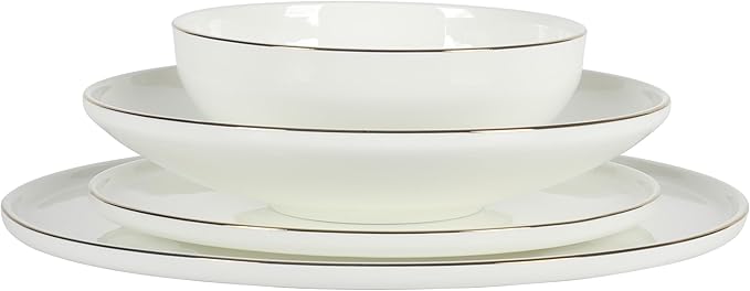 Gibson Elite Lana 16 Piece Bone China Double Plates and Bowls Dinnerware Set White w/Gold Rim