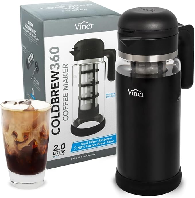 VINCI Cold Brew 360 Glass Cold Brew Coffee Maker Featuring Patented Dual Filter 360 Brewing Technology Cold Brew for Iced Coffee (2.0 Liter / 68 FL.OZ)