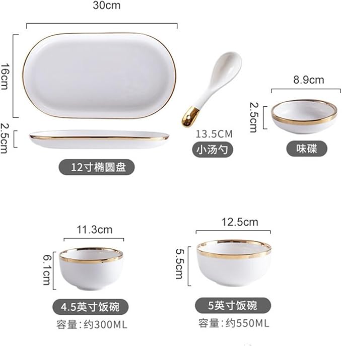 Gold and White Porcelain Dinnerware Set Ceramic Bowl and Plate Set for Household and Hotel Dining (Bright 6people Set)
