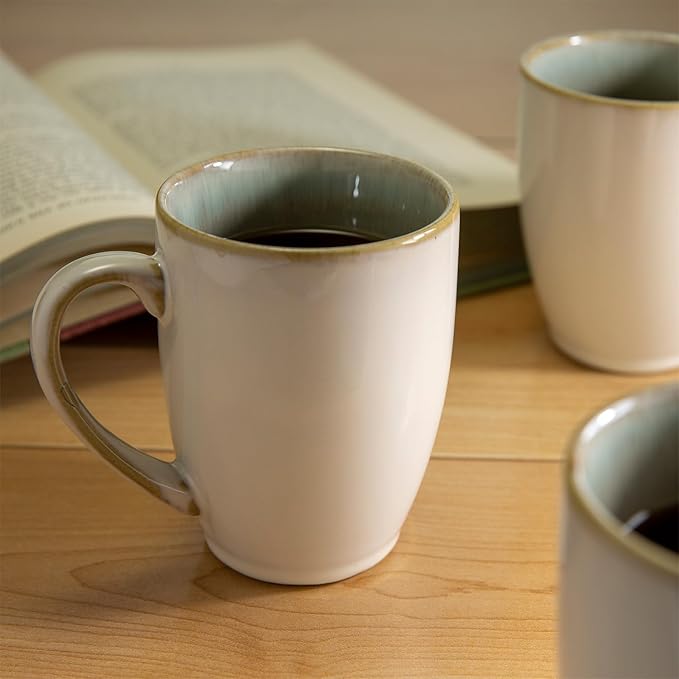 Sango Resona Moss Green Stoneware Mugs (Set of 4) – 12 fl. oz Durable Stoneware with Reactive Glaze Delicate Gray-Green Interior Microwave &amp Dishwasher Safe for Everyday Dining &amp Entertain
