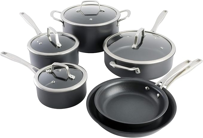 10-Piece Nonstick Aluminum Cookware Set – Heavy-Gauge Pots and Pans with Teflon Interior Cool-Touch Silicone Handles Scratch-Resistant Glacier Blue Finish (Black)