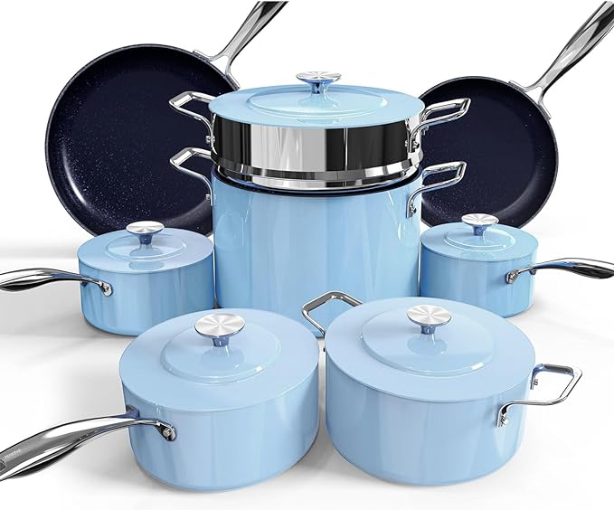 Nuwave Lux 13pc Forged Lightweight Cookware Set PFAS Free Healthy G10 Duralon Ceramic Coating Ultra Non-Stick Stay-Cool Handles Works on All Cooktops &amp Induction Ready