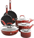 10-Piece Nonstick Aluminum Cookware Set – Heavy-Gauge Pots and Pans with Teflon Interior Cool-Touch Silicone Handles Scratch-Resistant Glacier Blue Finish (Red)