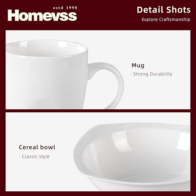HomeVss New Bone China Embossed Dinnerware Set Coupe Square Shape 16pc Set