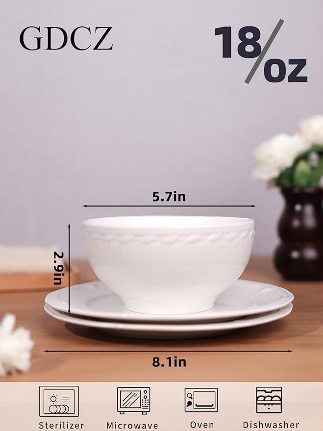 GDCZ 3-Piece Dinnerware Set Round Plates and Bowls Set Microwave &amp Dishwasher Safe Easy Clean White