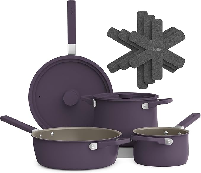 bella 9 Piece Ceramic Nonstick Cookware Set Fits-anywhere™ Kitchenware w EverGood™ Coating Dishwasher &amp Oven Safe All Stovetops Compatible Stackable Design Cool Touch Handles Plum