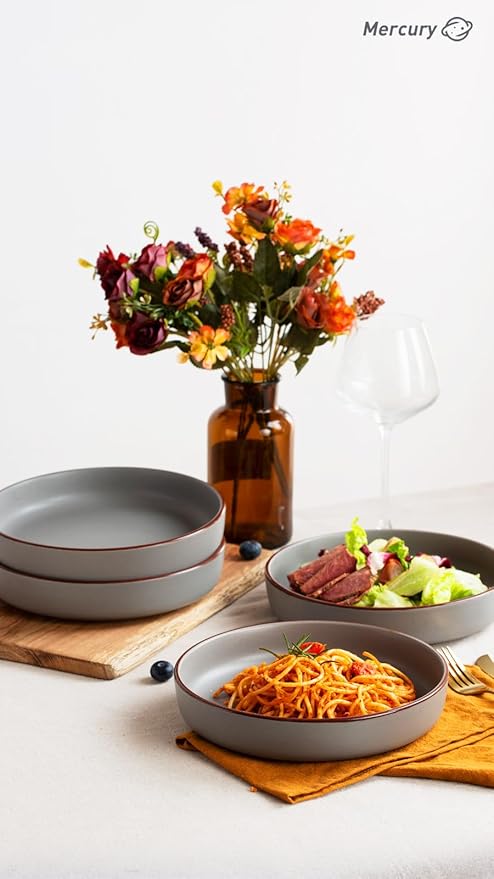 Famiware Venus Dinnerware Sets and Mercury Pasta Bowls Set and Mercury Coffee Mugs Set of 4 20 Pieces Plates and Bowls Sets Microwave and Dishwasher Safe Dark Grey