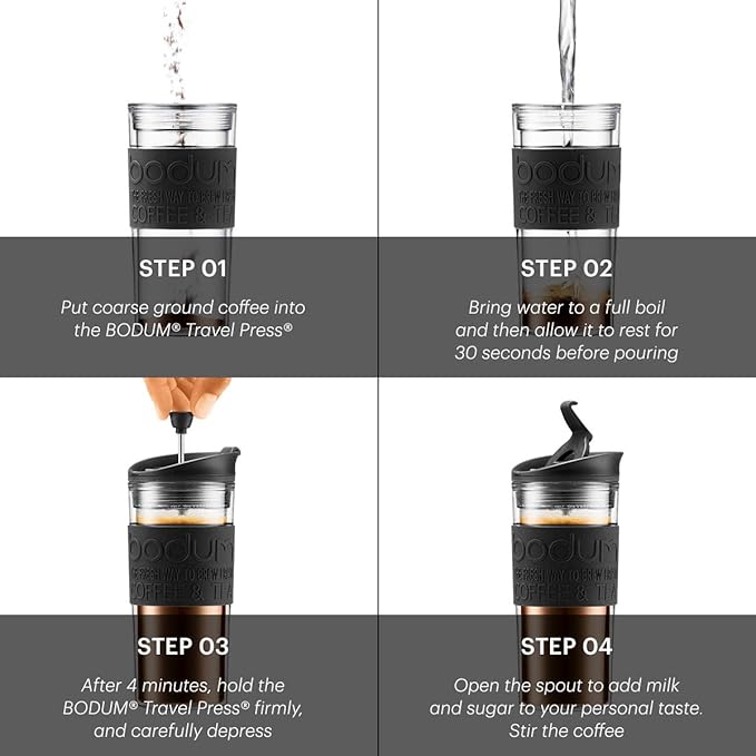 BODUM Travel Press Coffee Maker Flip Top Lid Double Wall Plastic 0.35 l 12 oz Off White