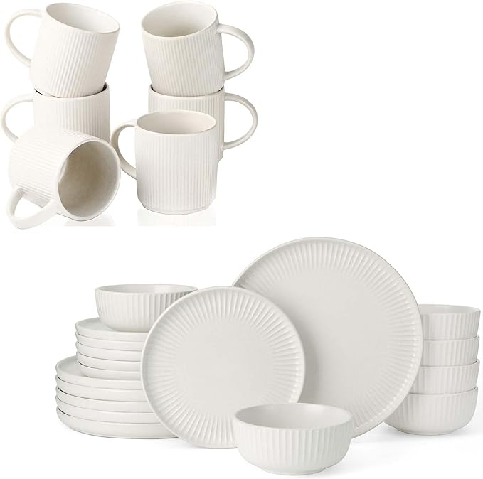 famiware Dinnerware Sets with Mugs Plates and Bowls Dish Set of 6 (24 Pieces) - Dishwasher &amp Microwave Safe Chip Resistant Reactive Glaze