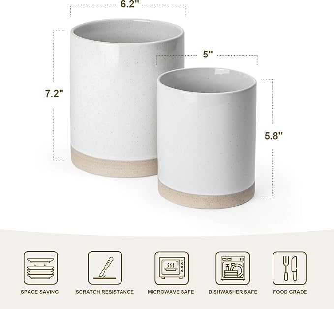 Famiware Mars Plates and Bowls Set of 12 and Milkyway Kitchen Utensil Holder for Countertop Set of 2 14 Pieces Dinnerware Sets White