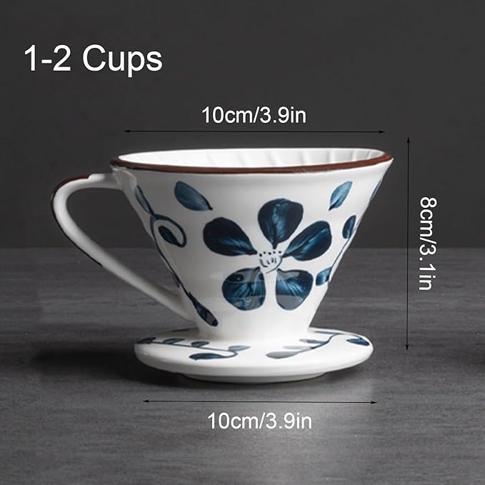 Ceramic Pour Over Coffee Dripper Hand painted Coffee Drip Filter Pour Over Coffee Maker Ceramic Slow Brewing Accessories for Home Cafe Restaurants (V011-2Cups)