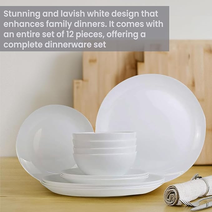 BLUENIYA 12 Piece Bone China Dinnerware Set - White Lightweight Chip &amp Break Resistant Dish Set for 4 - Modern Round Plates &amp Bowls Microwave &amp Dishwasher Safe for Everyday &amp Specia