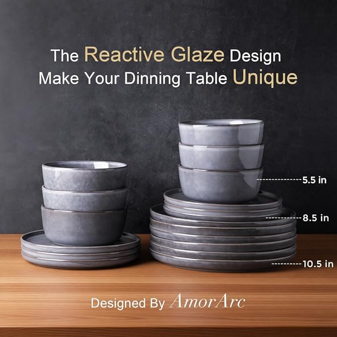 AmorArc Stoneware Dinnerware SetsRound Reactive Ceramic Plates and Bowls SetsHighly Scrath Resistant | Dishwasher &amp Microwave Safe DishesService for 4 (12pc)
