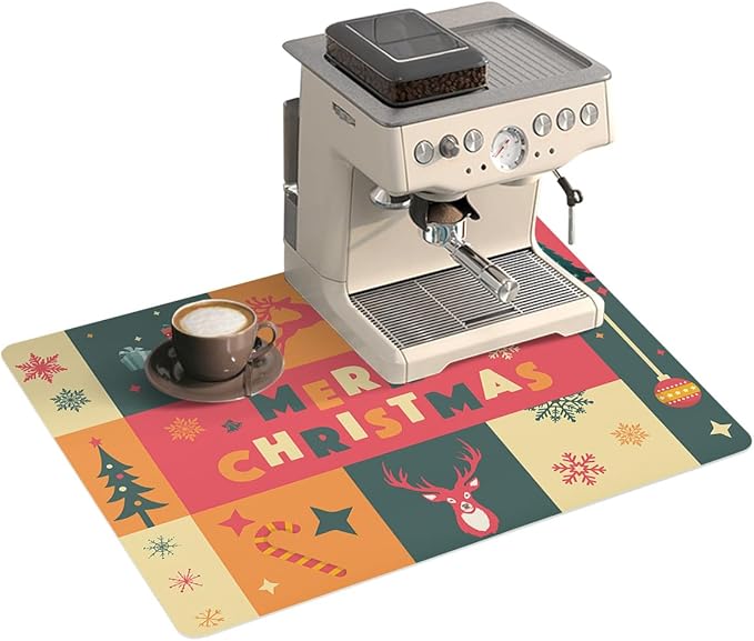 Coffee Mat Coffee Bar Mat for Countertops Merry Christmas Xmas Tree Ball Elk Snowflake Gifts Absorbent Coffee Maker Mat Rubber Backed Dish Drying Mat for Coffee Espresso Machine Coffee Maker 16x24