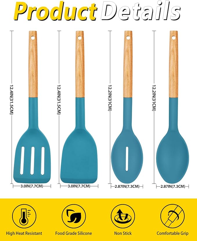 Pack of 4 Silicone Cooking Utensils Set Non Stick Solid Spatulas and Heat Resistant Slotted Spoons with Wooden Handle Ideal Wood Kitchen Utensils Set for FryingServingTurningStirring (BLUE)
