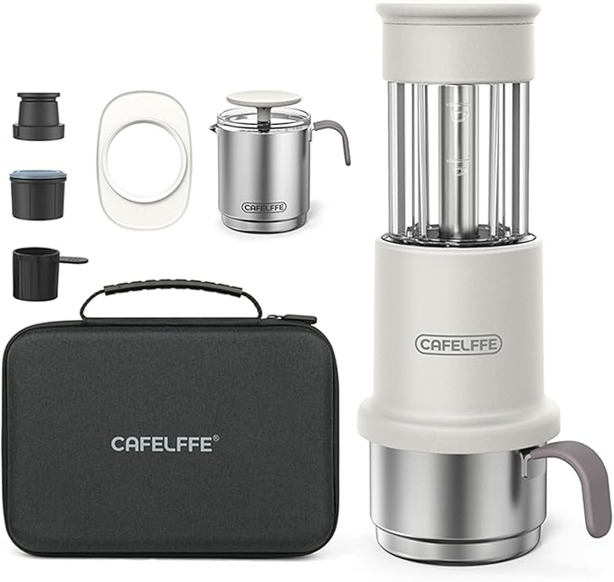 EasytoClean Portable Coffee Maker Set 3-in-1 Design with Capsule &amp Ground Coffee Compatibility Milk Frothing Pitcher Ideal for Traveling Camping Hiking (White)