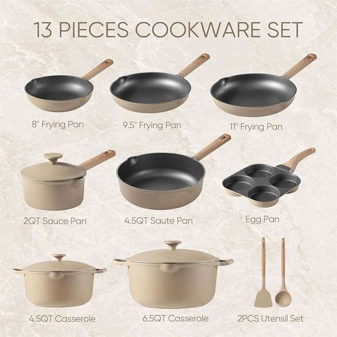 13Pcs Pots and Pans Set Non Stick Kitchen Cookware Sets with Egg Pan Kitchen Induction Pots and Pans Cooking SetsTaupeOne