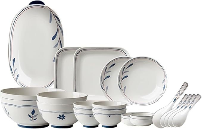 22 Pieces Dinnerware Sets Underglaze Color Process Plates and Bowls Sets Smooth and Easy to Clean Kitchenware Set Reusable Safe and Healthy Thick and Durability Ceramic Non-slip Bottom Service for 4