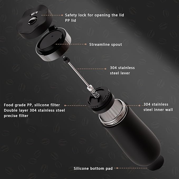 Yosoo French Press Coffee Maker Portable Stainless Steel Cup Double Wall Insulation 320ml Capacity Secure Locking Mechanism Lightweight Design Travel Outdoor Use