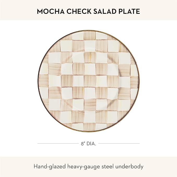 MACKENZIE-CHILDS Enamel Salad and Dessert Plate Small Plate for a Dessert or Appetizer Dish 8 Inches Brown-and-White Mocha Check