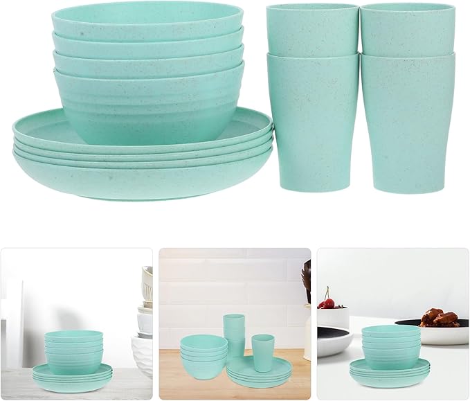 12pcs Wheat Straw Dinnerware Set with Plates and Bowls Microwave Safe Lightweight Reusable Eco-Friendly Tableware for Camping and Outdoor Use (Green)