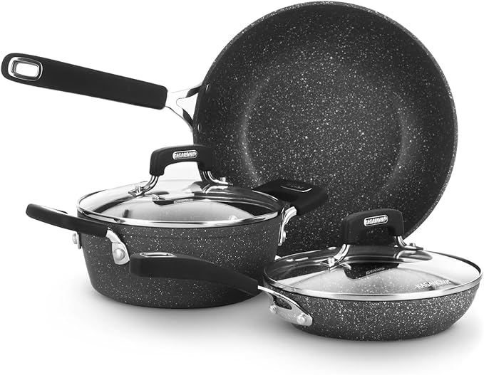 New Petra Dark 5-Pcs Cookware set Nonstick Induction ready Aluminum cookware set with glass lids Frying Pans &amp Casseroles PFOA free
