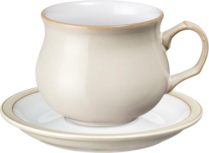 Denby - Linen Cream Tea Cup and Saucer Set of 2-200ml Stoneware Coffee Tea Mug and Saucer Set - Dishwasher Safe Microwave Safe