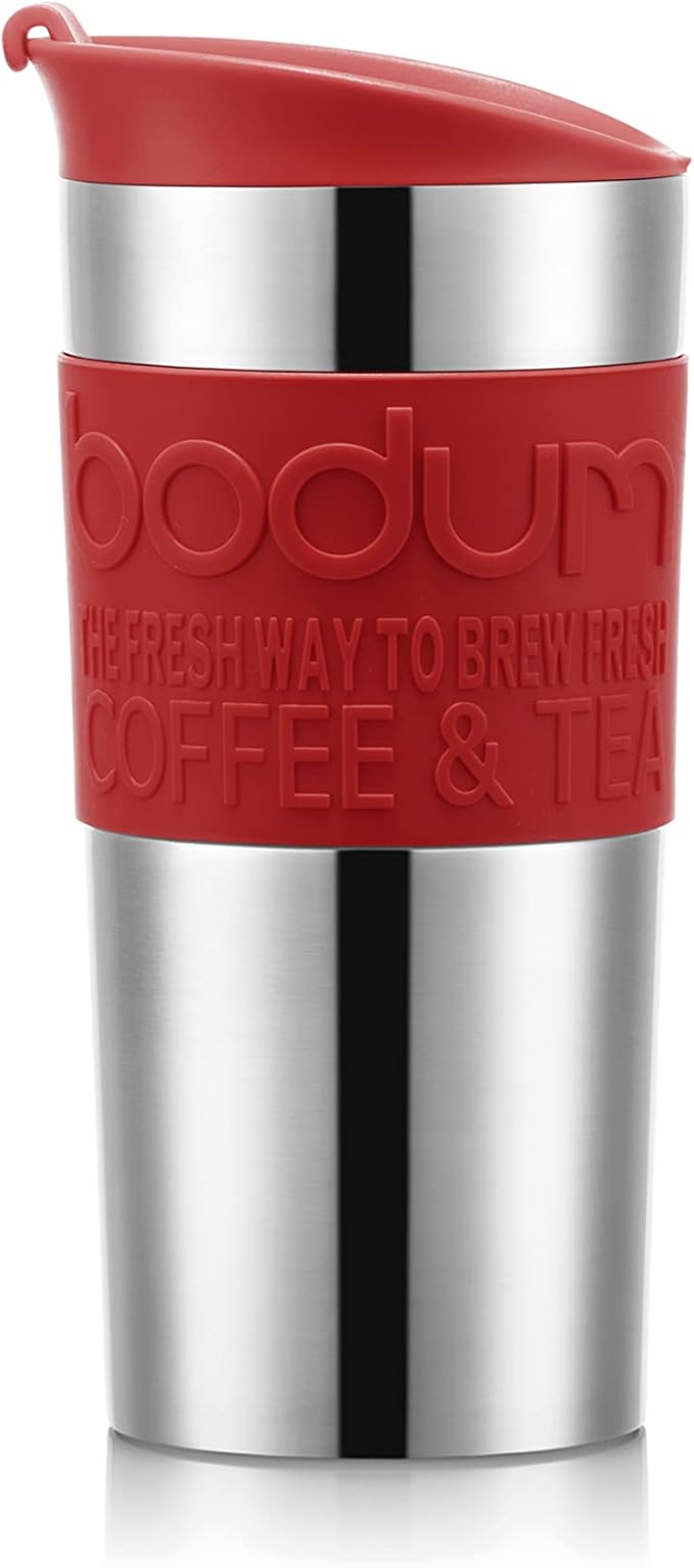 Bodum K11067-04 TRAVEL PRESS SET Vacuum Insulated Piston Mug Double-Walled Stainless Steel with Extra Lid 0.35 L