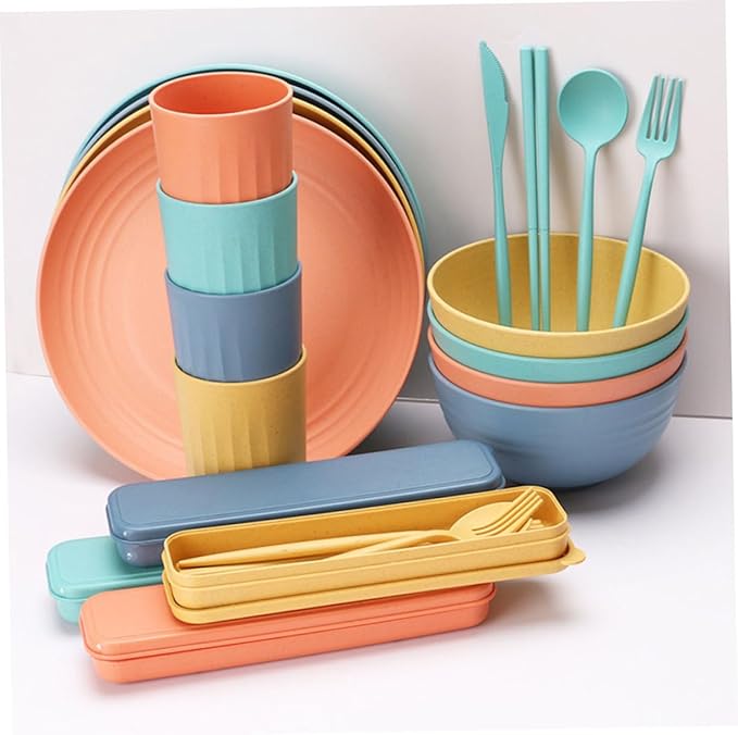Healifty 4Sets Portable Wheat Straw Cutlery Set Dinnerware for Cereal Soup and Salad Microwavable Kitchen Supplies Creative Tableware for Quick Meals