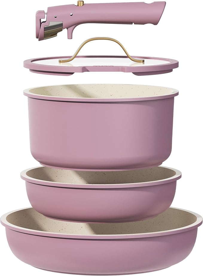 CAROTE 5pcs Pots and Pans Set Nonstick Cookware Set Detachable Handle Induction Kitchen Cookware Sets Non Stick with Removable Handle RV Cookware Set Gold and Purple