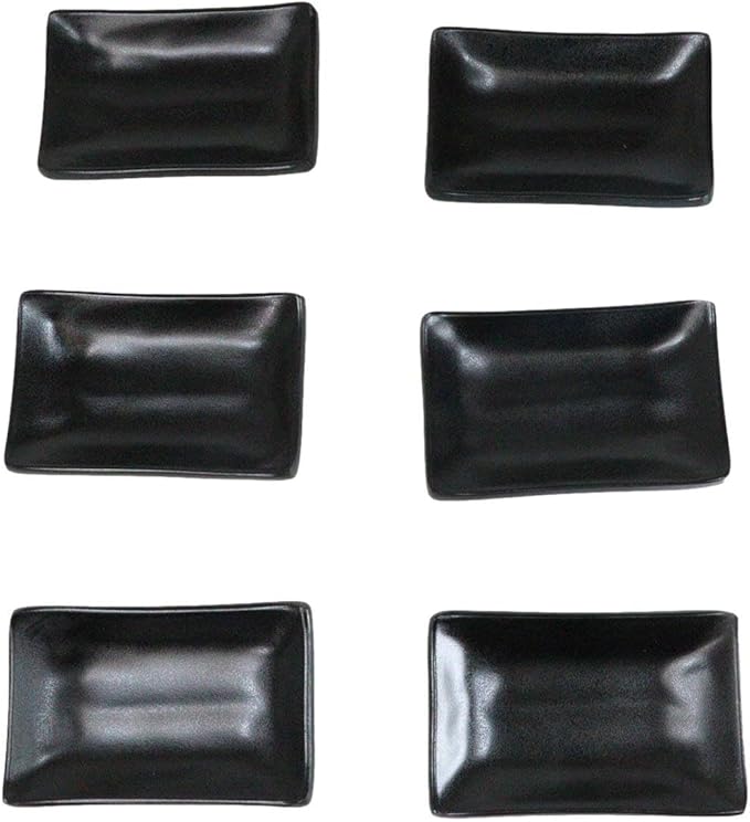 Ebros Gift Contemporary Ridged Matte Black Melamine Series Dinnerware Serveware Kitchenware Set Japanese Chinese Restaurant Supply (Pack Of 6 Rectangular Condiment Sauce Dish 2oz)