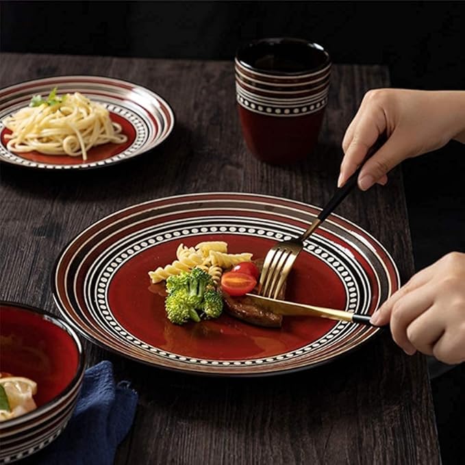 Elegant Dinnerware Set Dinner Plates Bowls Set 4-Piece Dinnerware Sets Retro Porcelain Tableware Set with Plates Bowls and Mugs Red Ceramic Dinner Set for Home Kitchen &amp Dining