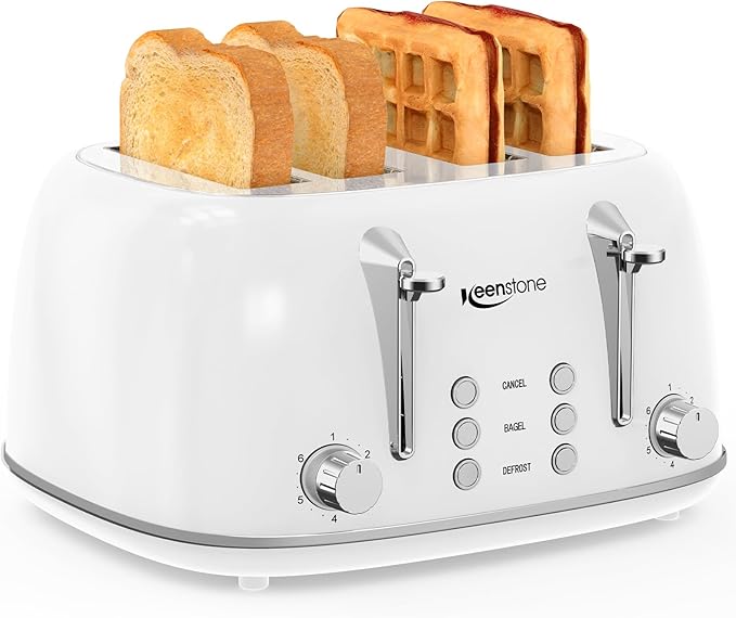 Keenstone Toaster 4 Slice Retro Stainless Steel Wide Slot Toaster with Dual Independent Controls 6 Browning Levels Bagel Defrost Reheat &amp Cancel Removable Crumb Tray White