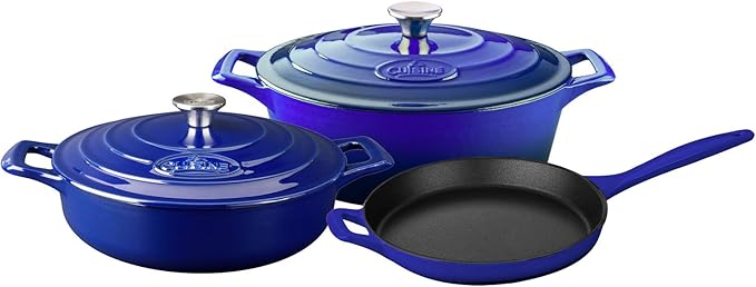 La Cuisine Piece Enameled Cast Iron 5 pc set Pro Range 3.75QT Saute 6.75QT Oval w/lid 10 Fry Pan High Gloss  Blue/Sapphire