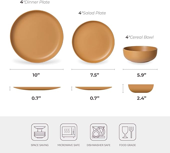 12-Piece Stoneware Dinnerware Set with Mugs | Microwave and Dishwasher Friendly | Stackable Matte Glaze Plates &amp Bowls | Service for 3 (Orange for 4)