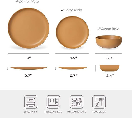 12-Piece Stoneware Dinnerware Set with Mugs | Microwave and Dishwasher Friendly | Stackable Matte Glaze Plates &amp Bowls | Service for 3 (Orange for 4)