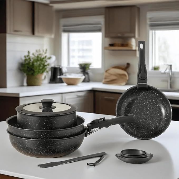 12-Piece Black Non-Stick Cookware Set with Detachable Handle &amp Spatula Universal Stovetop &amp Oven Safe Complete Pots and Pans Set for Kitchen