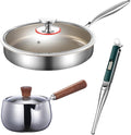 3-Piece Stainless Steel Cookware Set – Titanium Non-Stick Frying Pan with Lid Wooden Handle Milk Pot &amp SUS316 BBQ Tongs – Perfect for Home Kitchen Camping &amp Grilling