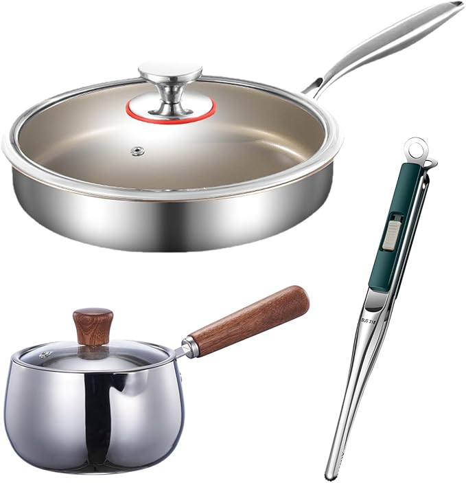 3-Piece Stainless Steel Cookware Set – Titanium Non-Stick Frying Pan with Lid Wooden Handle Milk Pot &amp SUS316 BBQ Tongs – Perfect for Home Kitchen Camping &amp Grilling