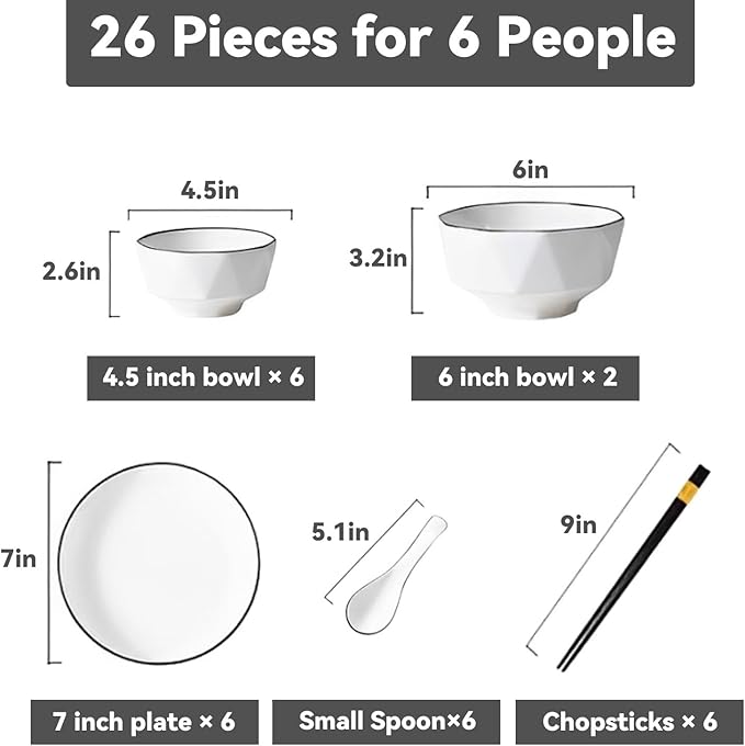 Reusable Dinnerware Sets for 6 Stackable Plates Bowls Set Modern Style Kitchen Dinner Set Dishwasher &amp Microwave Safe Dish Sets Smooth Surface and Easy to Clean 18/24/26 Pieces(26 Pieces)