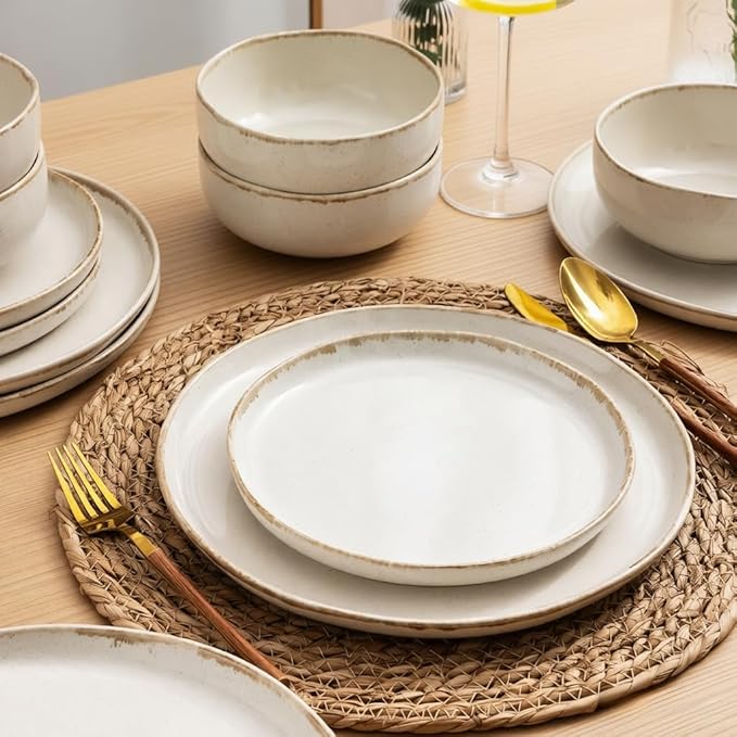 AmorArc Ceramic Dinnerware Sets Wavy Rim Stoneware Plates and Bowls Sets Highly Scratch Resistant | Dishwasher &amp Microwave Dishes set Service for 6 (18pc)-Speckled Cappuccino